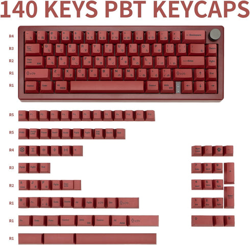140 Keys PBT Japanese Keycaps, Cherry Profile Key Caps, DYE-Sub Red Keycaps, Minimalist Style Customized Keycaps Set