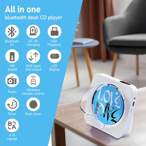 CD Player with Speakers Bluetooth Desktop CD Players for Home Kpop Music CD Player with LED Screen FM Radio Remote Control Timer Support AUX USB TF Card Playback