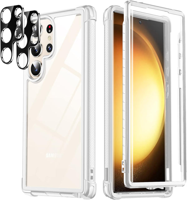 Temdan Galaxy S23 Ultra Case with Built-in Screen Protector, 2 Lens Protectors, Touch Sensitive, White