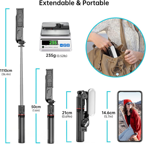 Stable Selfie Stick Tripod with Fill Light, 44 Inch Extendable Selfie Stick with Wireless Remote and Tripod Stand 360