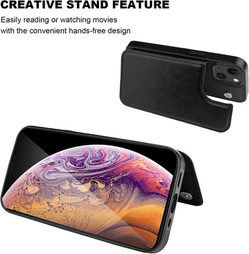iPhone 13 Wallet Case - Black PU Leather, Card Holder, Kickstand, Double Magnetic Clasp, Shockproof, 6.1 Inch.