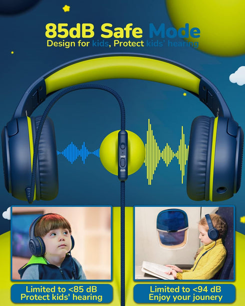 Kids Headphones for School, Toddler Wired Headset with Microphone, Volume Control, Blue Green, for 3+ Year Olds,