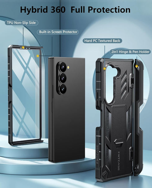 FNTCASE Military Grade 360 Full-Body Protective Case for Samsung Galaxy Z-Fold-6, Heavy Duty with Kickstand - Black