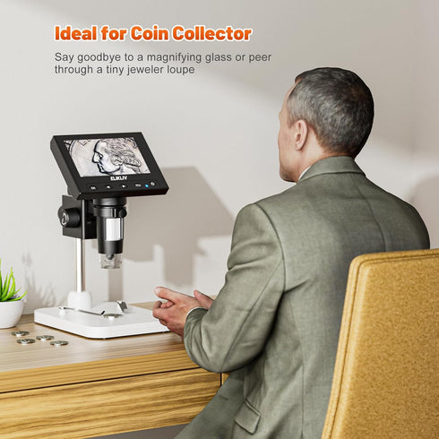 Elikliv Microscope, LCD Digital Coin Microscope 1000x, 8 Adjustable LED Lights, PC View Compatible