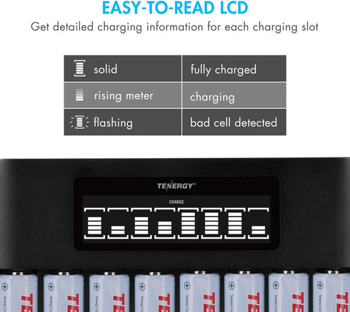 Tenergy TN480U 8-Bay 8pcs 1000mah LCD Display Fast Charger for NiMH/NiCD AA AAA Rechargeable Batteries with AAA