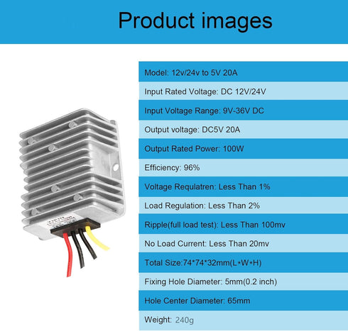 DC Voltage Regulator Buck Converter Waterproof Module, 12V 24V to 5V, 20A 100W Step-Down Power Supply Transformer