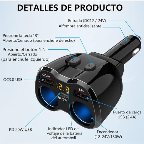 Cigarette Lighter Splitter 2 Socket, Qidoe 150W Cigarette Lighter Adapter 20W USB C Car Charger and 18W QC3.0 Multi