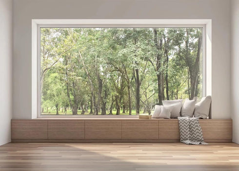 BELECO 7x5ft Fabric Modern Living Room Window Backdrop House Interior Green Forest Trees