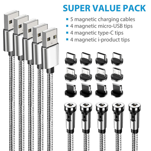 Terasako 5-Pack Magnetic Charging Cable (3/3/6/6/10FT) - 540° Rotating, LED Light, 90° Angle, Nylon-Braided Cord.