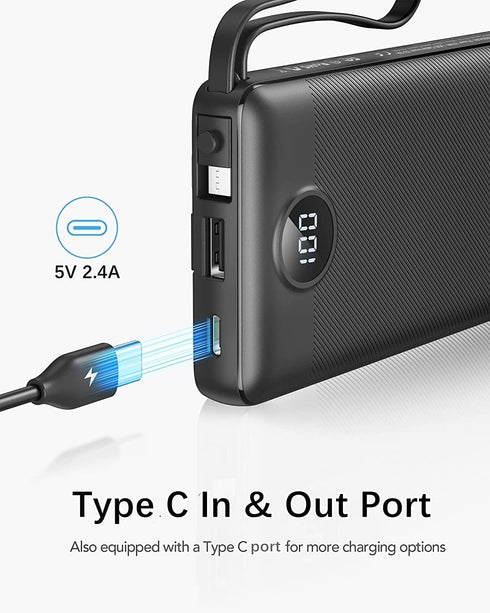 VRURC Portable Charger 10000mAh with Built-in Cables, Slim USB C Power Bank, 5 Output 2 Input, Compatible with iPhone,
