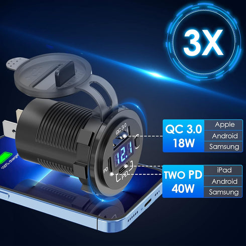 12V USB Outlet Qidoe USB C Car Charger Socket Dual PD 30W and 18W QC3.0 Port with Voltmeter Button Switch, Lengthened