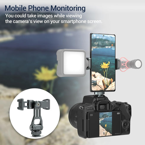 Phone Mount for Camera Hot Shoe, Aluminum Camera Hot Shoe Phone Holder with 2 Additional Cold Shoe Mounts, 360°