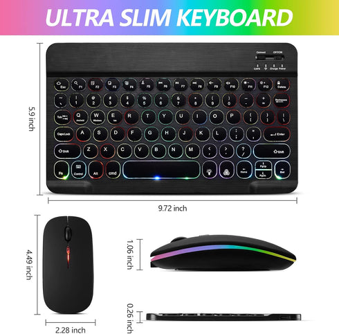 Ultra-Slim Bluetooth Keyboard and Mouse, Portable Mini Wireless Keyboard with 7-Color Backlit for iOS Android Windows