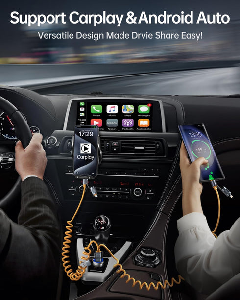 SHEZI-Style 4-in-1 Coiled USB C Cable - 45W Lightning Cable for Car with Magnetic Clips, Fast Charging for iPhone