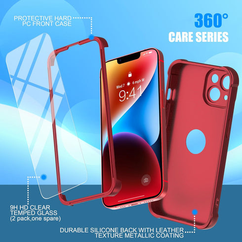 ORETECH iPhone 14 Case, 360° Shockproof Slim, Red, Military Grade Drop Test, Camera Protection & 2 Screen Protectors.