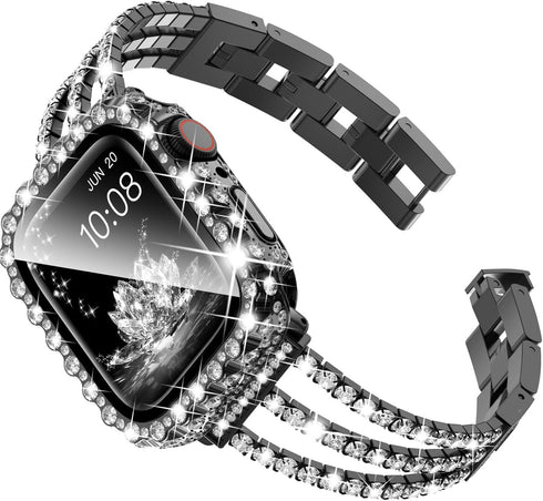 Surace Bling Diamond Rhinestone Link Bracelet for Apple Watch Bands 45mm, 2 in 1 Waterproof Bling Case (Black)