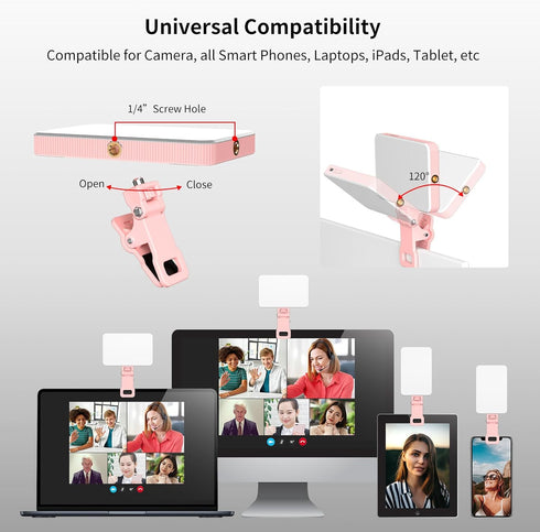 Newmowa 3 2000mAh Pink Rechargeable Selfie Light - Portable Clip-on Video Light for Phone/Laptop/Camera With Smart