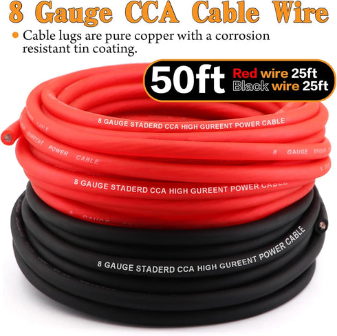 AWG 8 Gauge Wire Cable 25ft Each, Black/Red, with 60A ANL Fuse Block for Audio Speaker Wiring Kit