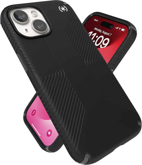 Speck Presidio2 Grip iPhone 15 Case - Built for MagSafe, Drop Protection, Soft Touch - Black/Slate Grey/White