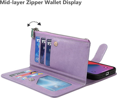 iCoverCase iPhone 13 Pro Wallet Phone Case, PU Leather Zipper Pocket Magnetic Detachable Flip Case with Wrist Strap