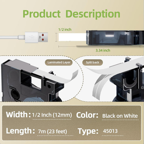 A45013 D1 Label Tape S0720530 for Dymo Label Maker Refills d1 45013, 1/2 in x 23 Ft, 4-Pack