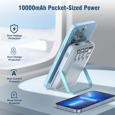 Wireless Portable Charger 10000mAh, Magnetic Power Bank with Built-in Cables, 22.5W PD Fast Charging for iPhone