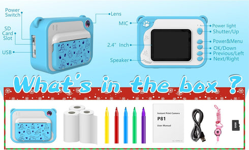 Instant Print Kids Camera, Ink Free Printing Dinosaur Camera for Ages 3-12, Christmas Gifts, Blue