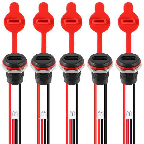 5Pcs 2Pin Charging Socket Female Mount Connector, USB Type-C Port Charging Interface with Waterproof Cover Cap