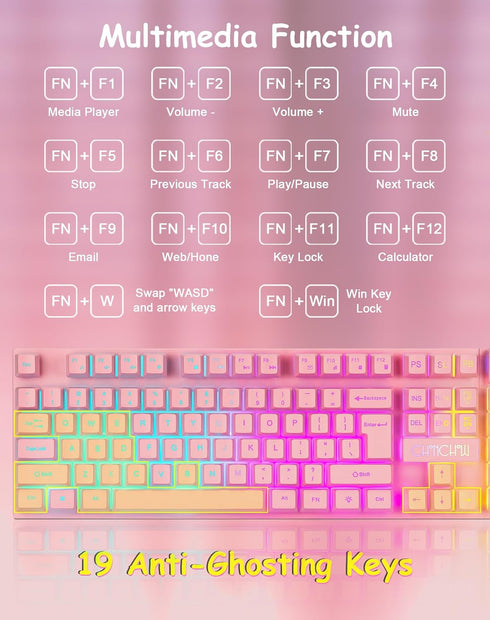 CHONCHOW 104 19 3 Light Up Cute Pink Gaming Keyboard, Keys Full Size, Number Pad, Keys Anti-Ghosting, Multimedia