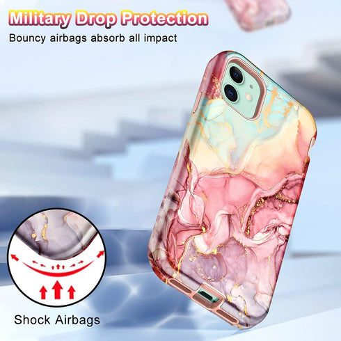CASEFIV iPhone 11 Case, Rose Gold Marble Pattern, 3-in-1 Heavy Duty Shockproof, Full Body Rugged PC+Soft Silicone Cover.