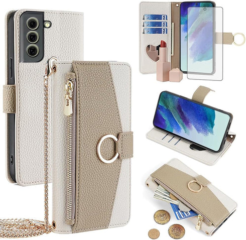 Asuwish Wallet Phone Case for Samsung Galaxy S21 FE 5G - White, with Screen Protector, Mirror Flip, Card Holder & Strap.