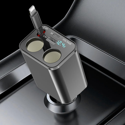 5 in 1 Fast Charging Retractable Car Charger, Cigarette Lighter Splitter with 2.6ft Cord, Dual USB Ports, 2 Sockets