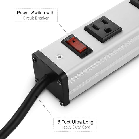 Long Heavy Duty Power Strip, 16 Outlet Metal Power Strip with 6FT Cord, 15A, 125V
