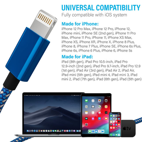 iPhone Charger Lightning Cable, 1 Pack 6 ft Blue/White Nylon Braided USB Charging High Speed Data Sync for iPhone