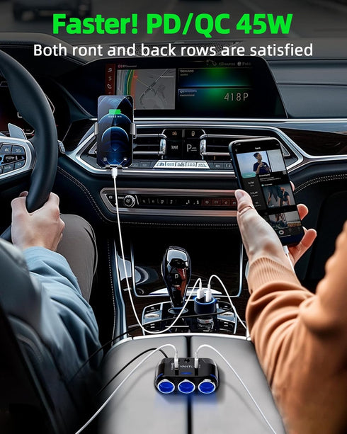 YANTU QC3.0 & PD 212W Cigarette Lighter Adapter, 3-Socket Splitter with 12V USB Outlet for Car Devices