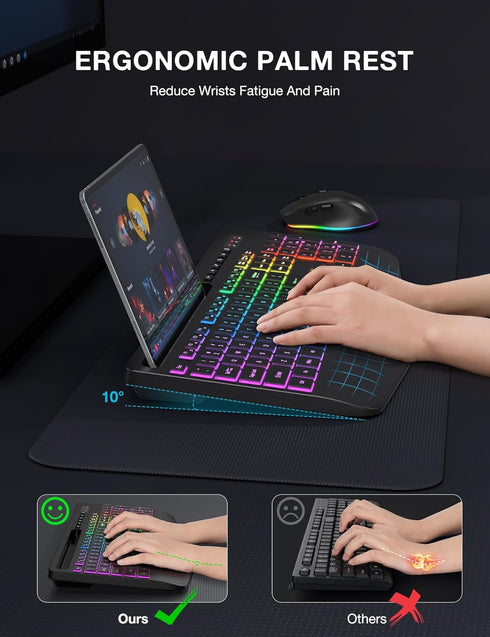 Wireless Keyboard and Mouse Combo - 9 Backlit Effects, Wrist Rest, Phone Holder, Rechargeable Silent Set