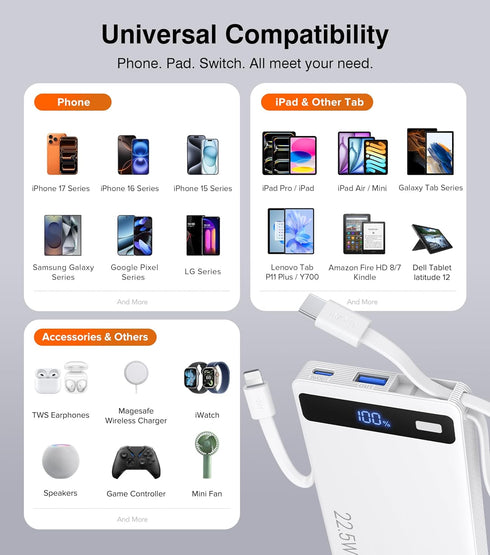 TEMINICE 2 10000mAh, 22.5W Pack, 17 16 15 Power Bank with Built-in Cables PD Slim Portable Charger USB C Battery Travel