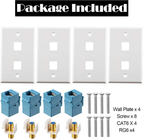 4 Pack Ethernet Coax Wall Plates, Cat6 Coax Wall Plate with Ethernet Port and Gold-Plated F-Type Port
