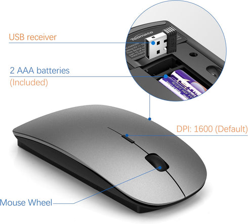 TopMate Wireless Keyboard and Mouse Combo, Ultra Slim 2.4G Silent USB Mouse and Scissor Switch Keyboard Set, Gray Black