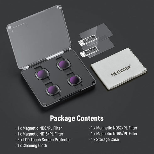 NEEWER Magnetic ND/PL Filter Set for DJI Osmo Pocket 3 Creator Combo, 4 Pack ND8/PL ND16/PL ND32/PL ND64/PL with 2 LCD