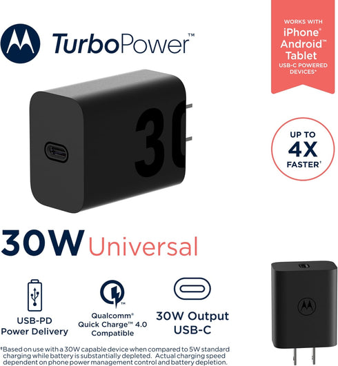 Motorola TurboPower 30 USB-C Charger - No Cable, for Moto G 2025, G Power 2025, Razr (2024/2025)