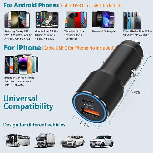 63W Super Fast Car Charger and Cable for Galaxy S23 S22 S24 Plus Ultra/S21 S20 FE, 2-Port (USB C 45W + USB A 18W)