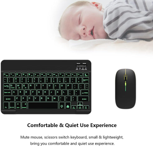 Backlit Bluetooth Keyboard and Mouse Combo, Ultra Slim Wireless for iPad Air Pro Mini, iPhone, Android, Rechargeable,