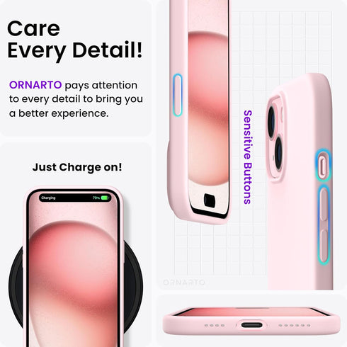 ORNARTO iPhone 15 Plus Case 6.7", Pink Slim Liquid Silicone 3 Layers Full Covered Soft Gel Rubber Protective Phone Case
