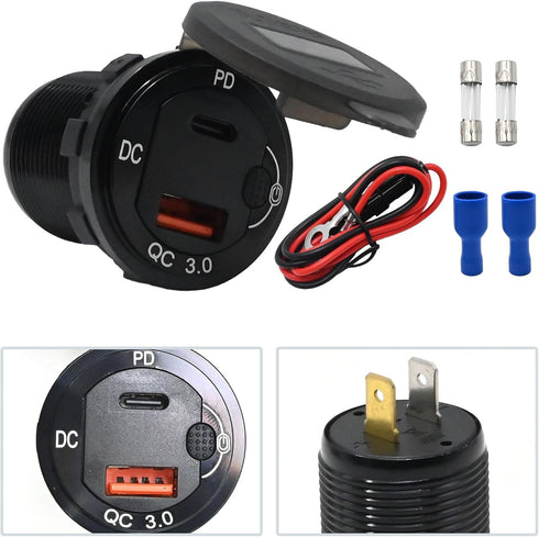 83W USB C Car Charger, 18W QC3.0 and 65W USB C Port, 12V Socket with Button Switch Smart Voltmeter for Car Golf Cart