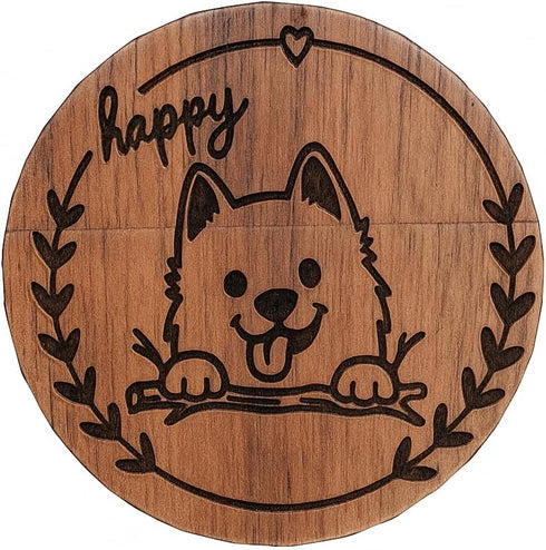 LONMAIX Round Walnut Wood 16GB USB Flash Drive - Laser-Engraved Cute Dog Design,