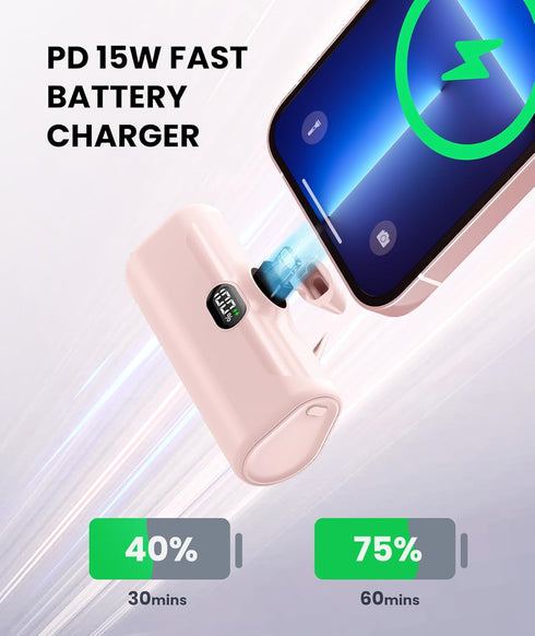 Pink Small Portable Charger for Lightning with Built-in Metal Stand, Lightweight Power Bank 5000mAh with Digital