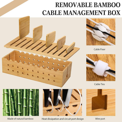 Burbell 10 Bamboo Charging Station for Multiple Devices, Cell Phone Docking Charging Station Organizer and Cord