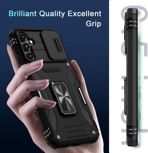 DEERLAMN Galaxy S23 FE Case - Black, Military Grade Shockproof, Slide Camera Cover, Screen Protector & Rotated Ring