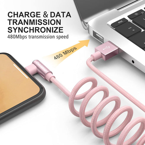 90 Degree Right Angle iPhone Charger 10Ft - 2 Pack MFi Certified Lightning Cable for iPhone 14, 13, 12, 11, iPad (Pink)